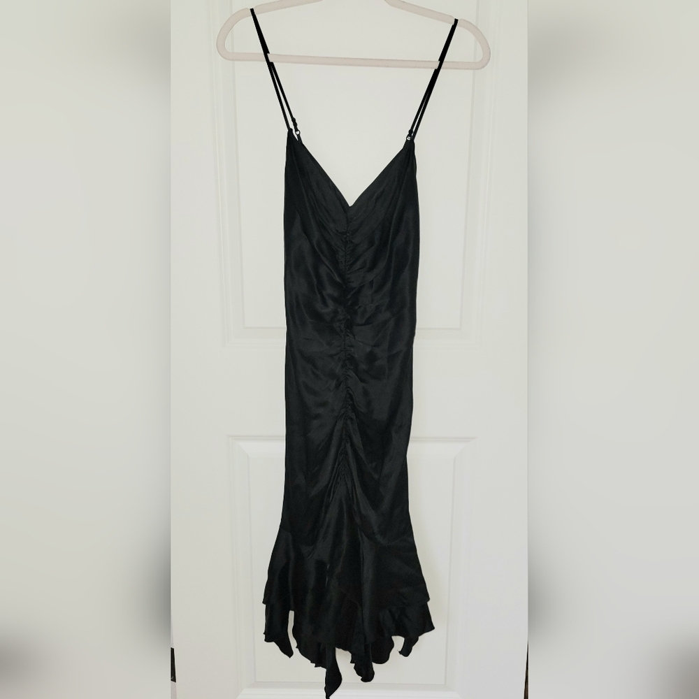 Betsey Johnson Vintage Black Satin Ruched & Ruffled Strappy Dress